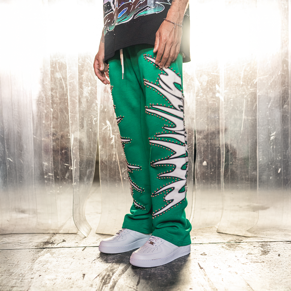 Misfit Studded Terry Flare Sweatpants (Green)